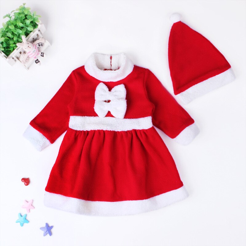 Weihnachten freundlicher Mädchen Bogen Kleider + Hütte Kleidung einstellen Neue Kleinkinder Baby Santa Claus Anzug verrotten Warme Vestidos Kostümich einstellen