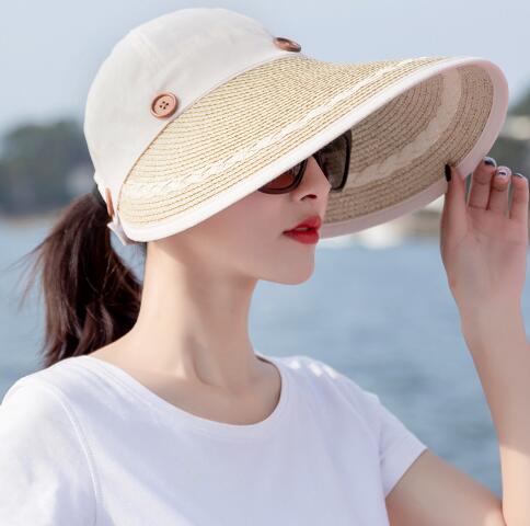 Solhatte kvinder stor bred skygge floppy sommer strand solhat kasket knap stråhat sommerhatte til kvinder anti-uv visir