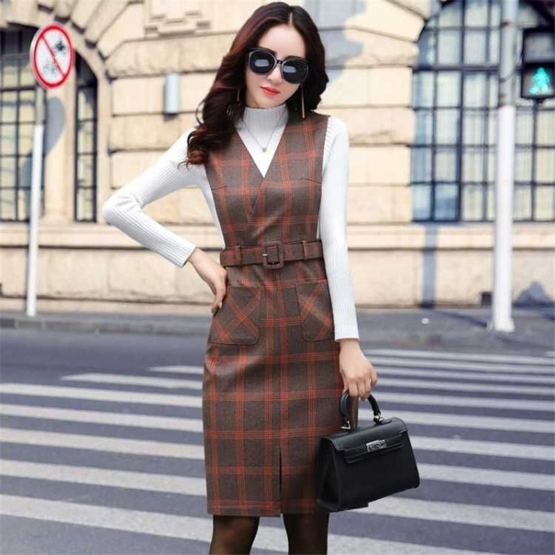 Frauen Frühling Herbst Weste Kleid V-ausschnitt Gurt Kleid Jahrgang Ärmel Tasche Plaid Kleid Weibliche Dünne Gürtel Kleider Vestidos Y547