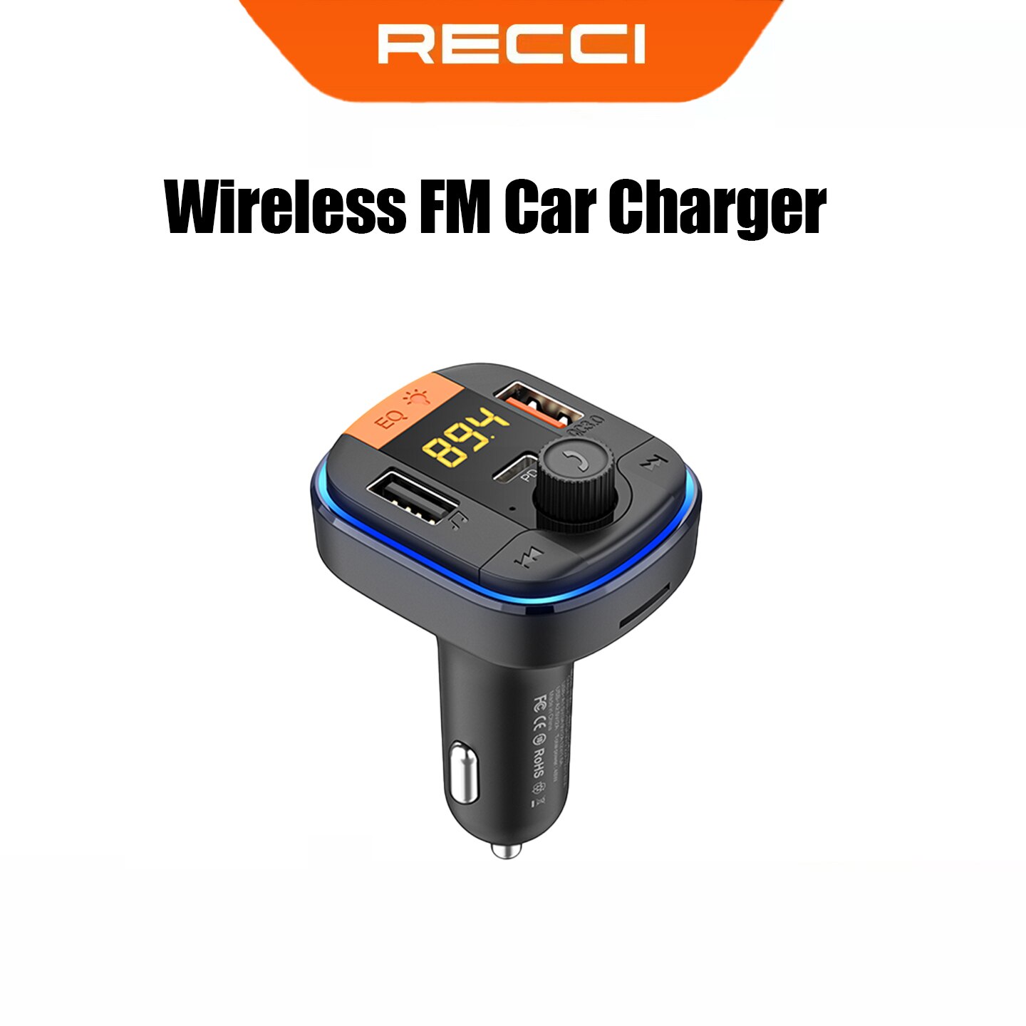 Recci  rq01 multifunctional wireless car  mp3 player bluetooth dual usb fm transmitter 48wpd fast charging
