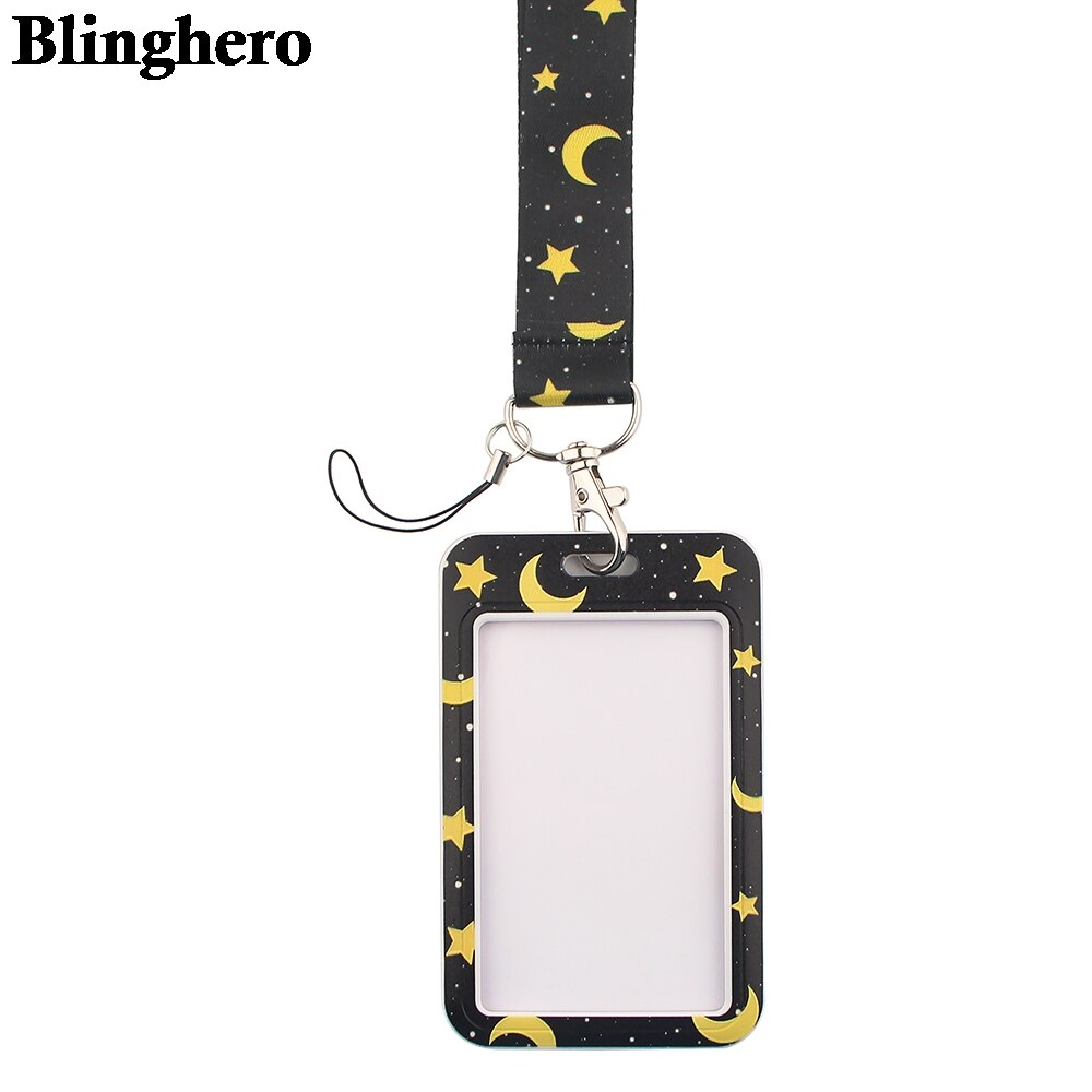 CB164 Moon Women Men ID Credit Bank Business Passport Card Holder Student Bus Card Case Lanyard Identity Badge Cards Cover