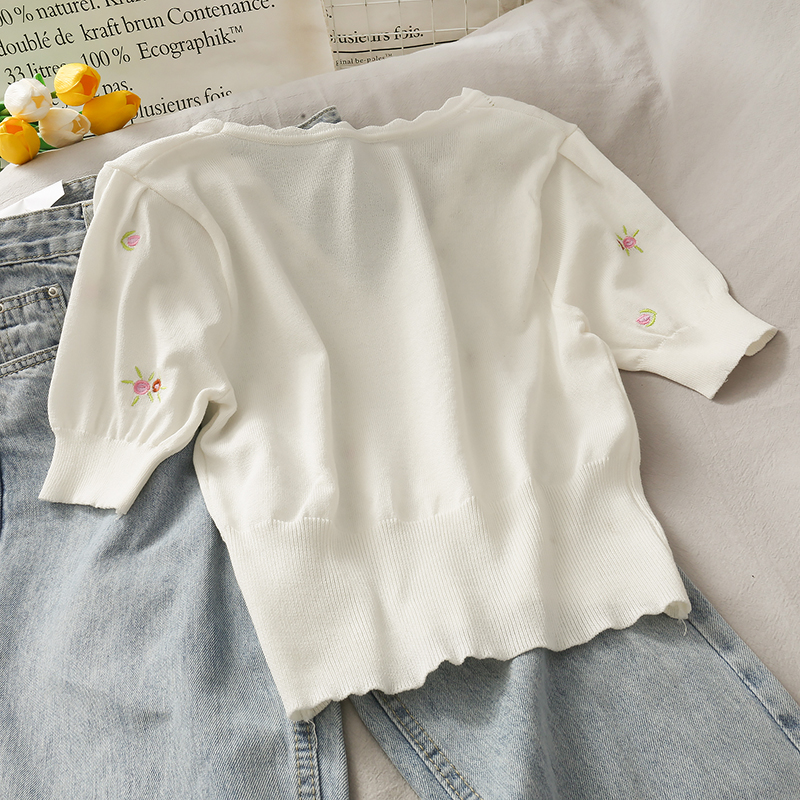 Retro søde broderede blomster strikket cardigan kvindelig v-hals kort slank slanketrøje