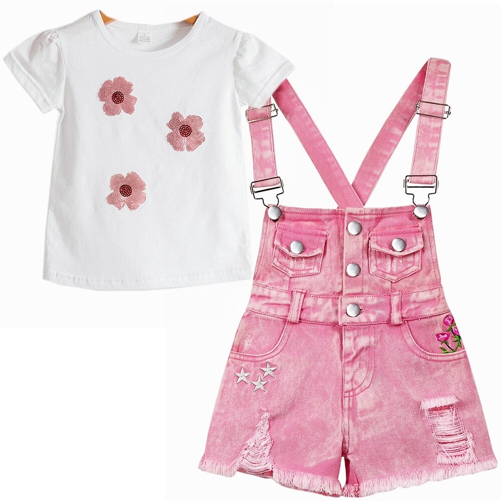 Chumhey 0-11T Zomer Kinderkleding Sets Jeans Voor Meisjes Broek Kinderen Denim Overalls Jarretel Shorts Roze jumpsuit Broek: 2 pieces sets / 8-9T