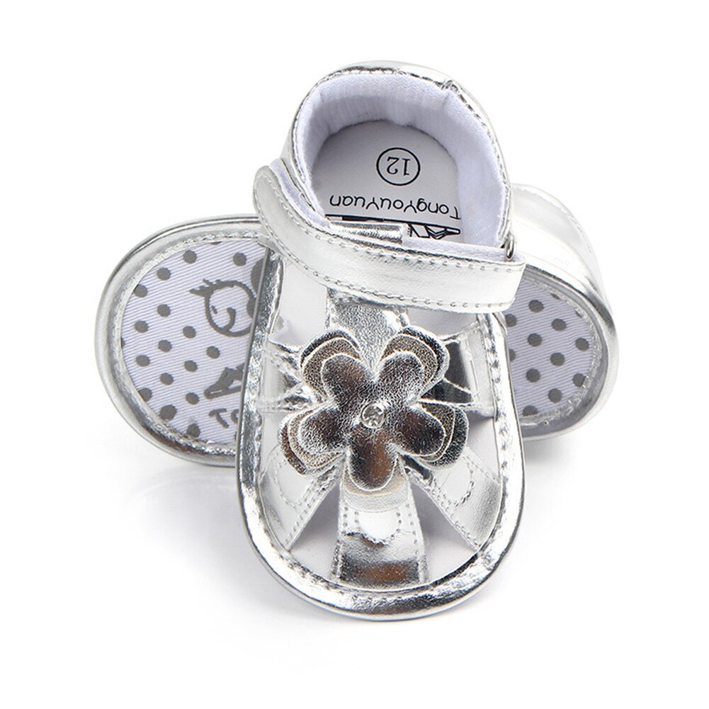 Summer 0-18M Baby Girls Floral Sandal Anti-Slip Leather Crib Shoes Prewalker Cute Casual Soft Shoes: Silver / 0-6 Months
