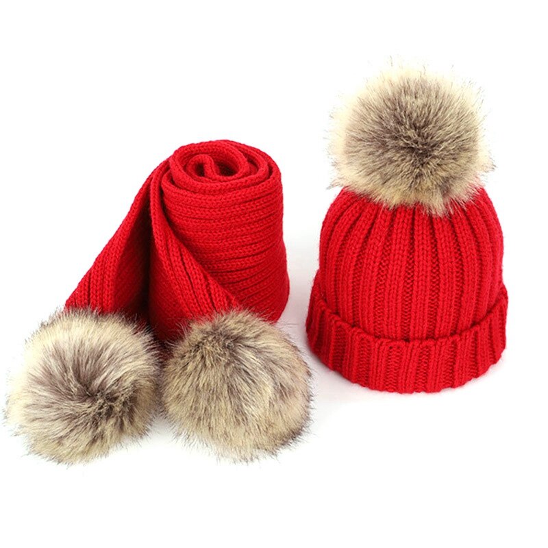 Kinderen Enkele Haar Bal Wollen Muts En Sjaal Set Unisex Verdikte: Red