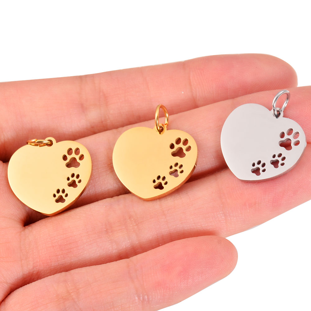 10 unids/lote de dijes de corazón de pata hueca, dijes pulidos con espejo de acero inoxidable, , colgante de pata de corazón para fabricación de joyas