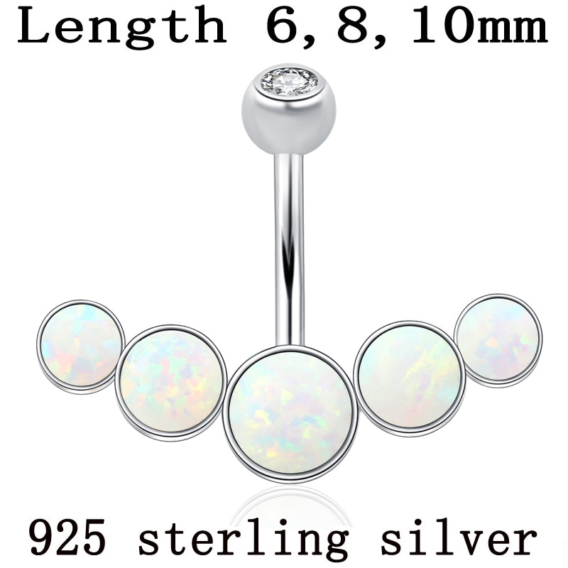 925 sterling silver anello del tasto di pancia white opal pietre dei monili del corpo delle donne S925 6 8 10 millimetri pin lunghezza no allergico piercing all&#39;ombelico