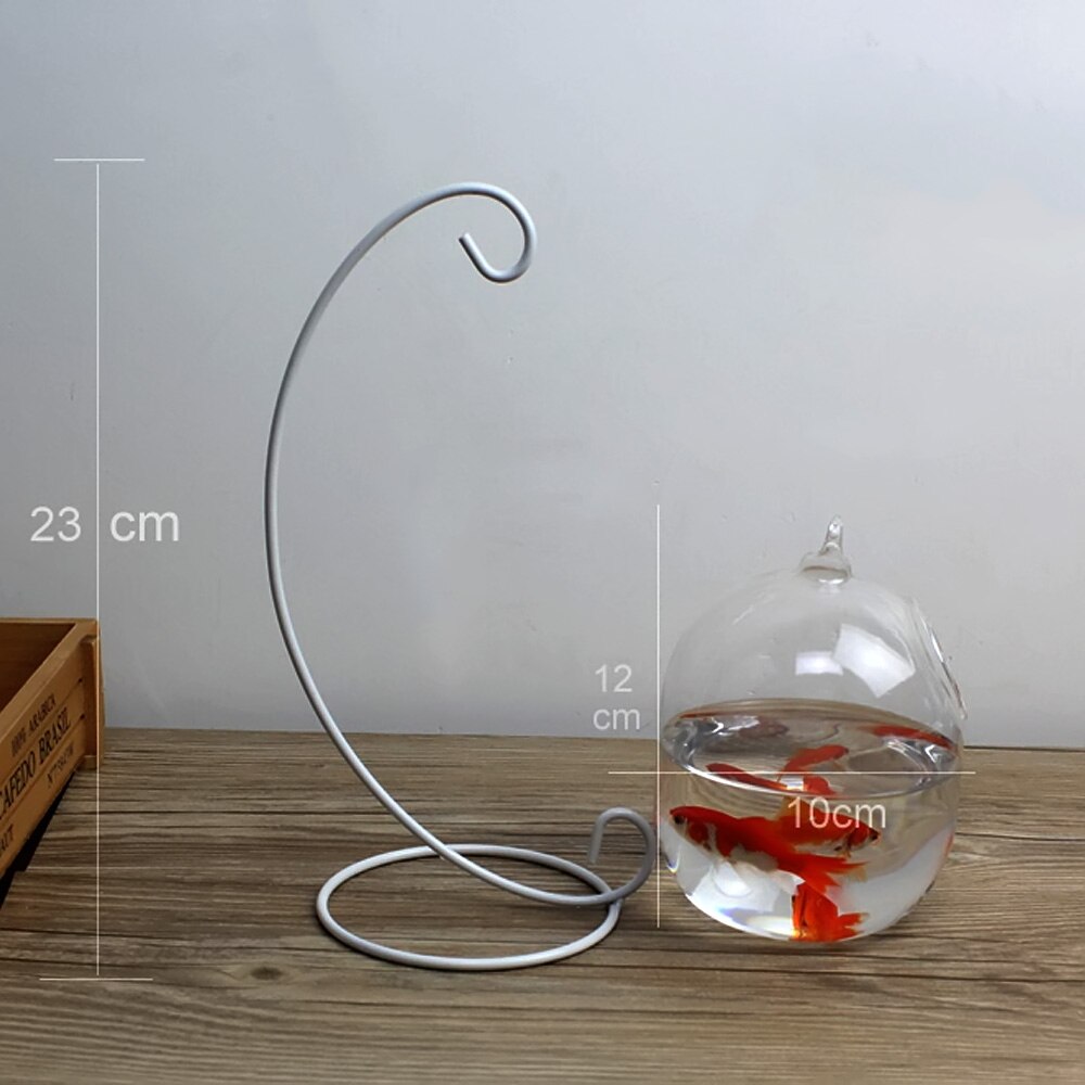 Behokic Clear 12cm Height Hanging Glass Aquarium Fish Bowl Fish Tank Flower Plant Vase with 23cm Height White Rack Fishbowls