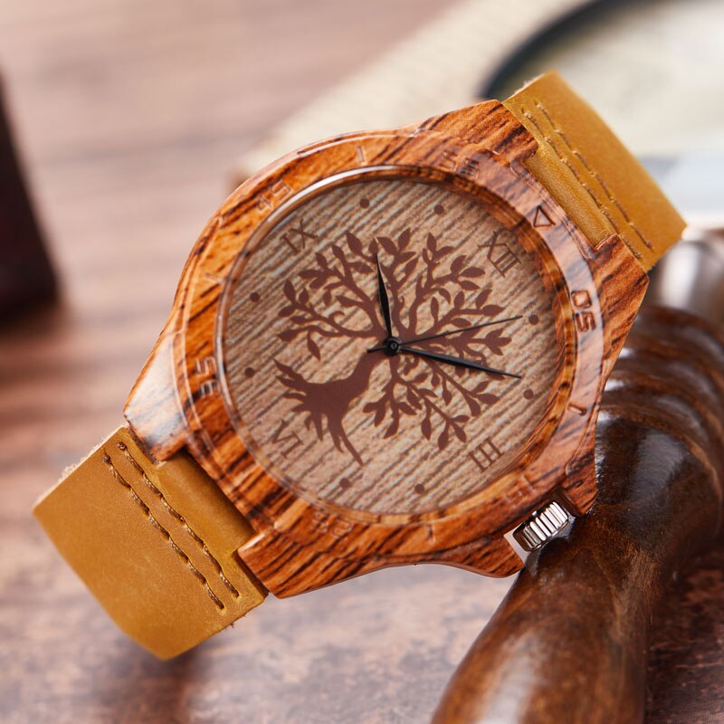Reloj de pulsera de madera de imitación de árbol y ciervo para hombre y mujer, cronógrafo de imitación de Animal, caja acrílica, color marrón: Tree watch3