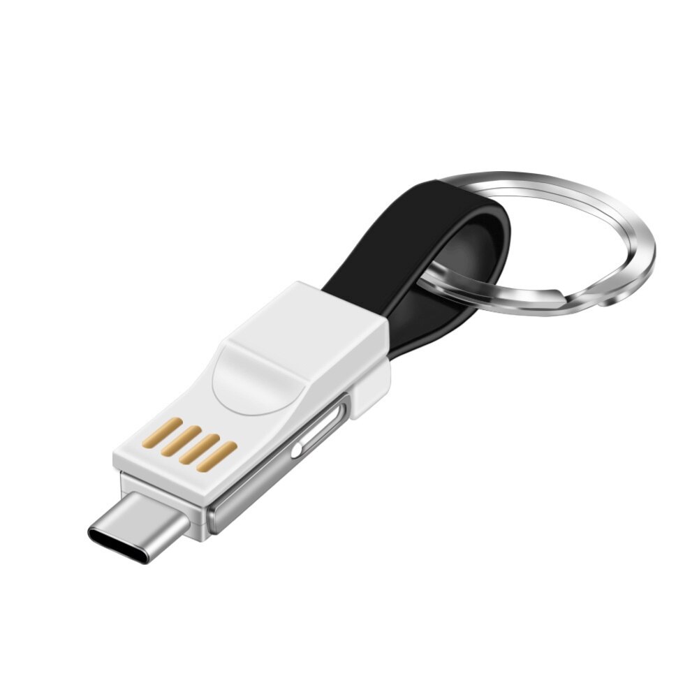 Portátil 3 em 1 micro usb tipo-c cabo de carregamento rápido keyring mini chaveiro adaptador de carregamento para andriod iphone: Black