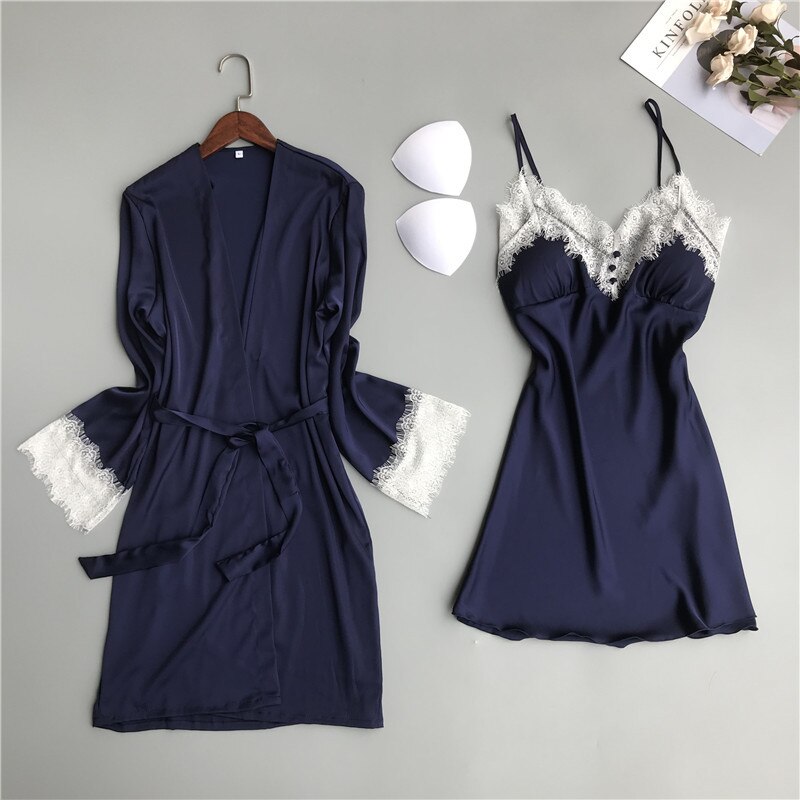 Sexy Robes ensembles solide Kimono 2 pièces Robe Peignoir vêtements de nuit Peignoir Robes de mariée en dentelle Robes de demoiselle d'honneur H174