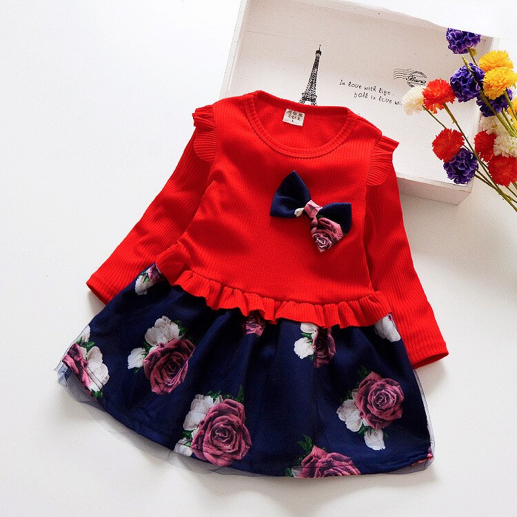 1-4y Bambino Del Bambino Della Ragazza del Vestito di Autunno Del Bambino Vestito Floreale Manica Lunga Per Bambini Vestiti Delle Ragazze di Modo Vestiti
