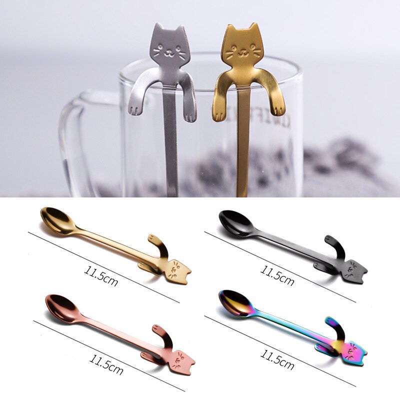 Mini colher de café 304 aço inoxidável, desenho animado, gato, colher, cabo longo, ferramenta para beber café, utensílios de cozinha, venda imperdível