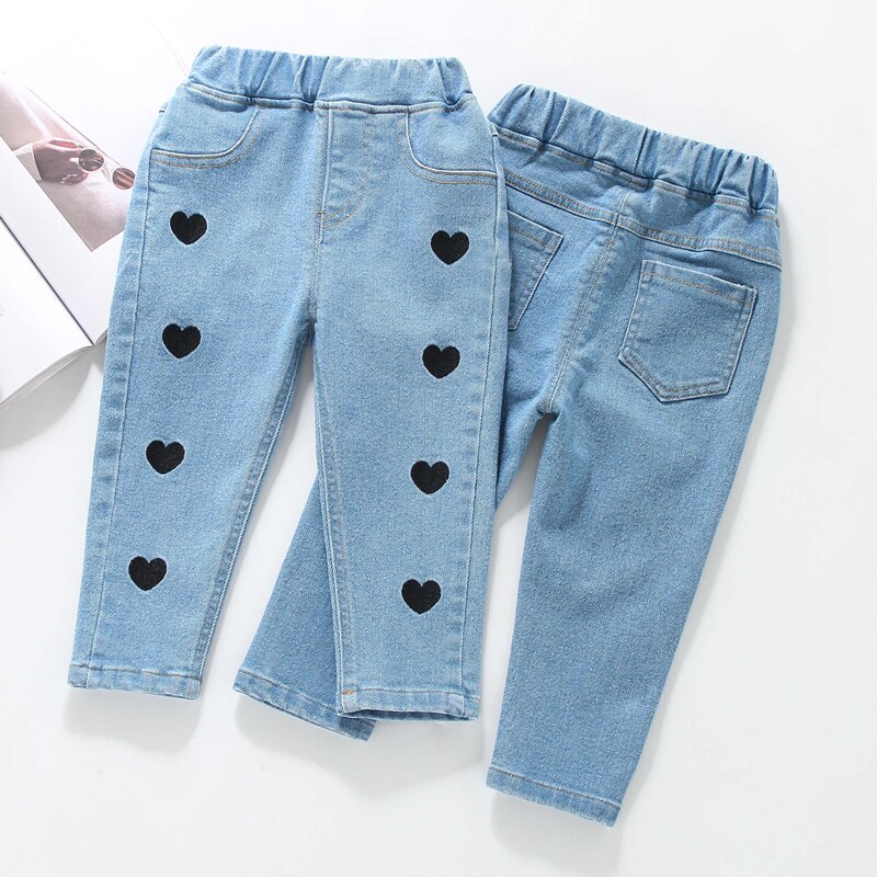 Ienens 2-6Y Kids Jeans Meisjes Denim Broek Lichte Kleur Liefde Jeans Lente Meisje Lange Broek Slim Bottoms Kinderkleding
