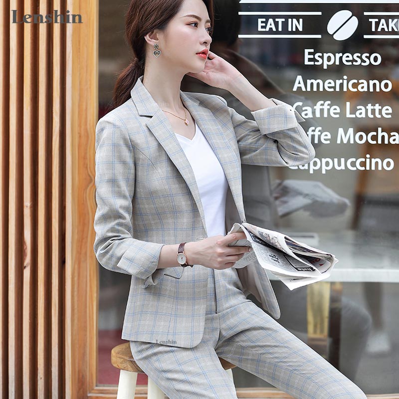 Lenshin 2 Piece Set Plaid Formal Pant Suit Blazer Office Lady Designs Women Soft Jacket and Ankle-Length Pant