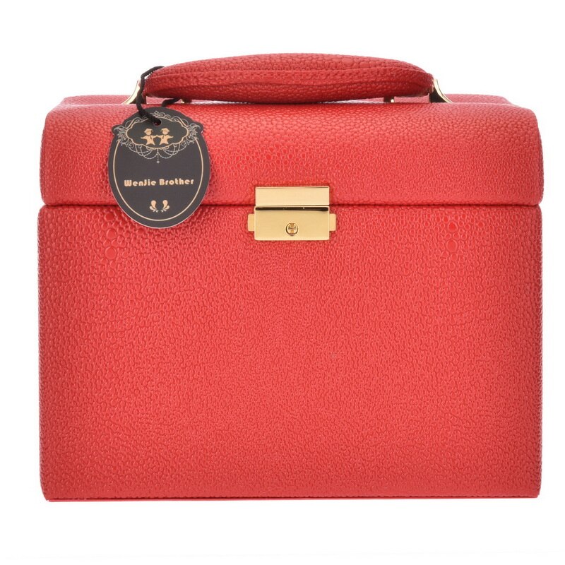 Pu skinn sminkeboks med speil sminkeetui skjønnhetsetui kosmetikkveske låsbart smykkeskrin til damer: Rød