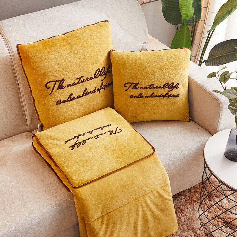 Manta de almohada 2 en 1 para el hogar, cojín grueso de terciopelo cálido para el cuerpo, sofá, plegable, aire acondicionado, edredón para habitación, coche de viaje, decoración: yellow (1piece) / 50x50 open 145x190cm