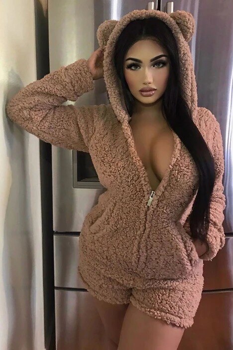 Women Cartoon Bear Sleepwear Solid Color Long Sleeve Side Pockets Warm Fuzzy Hooded Romper Short Jumpsuit Ladies Casual Homewear