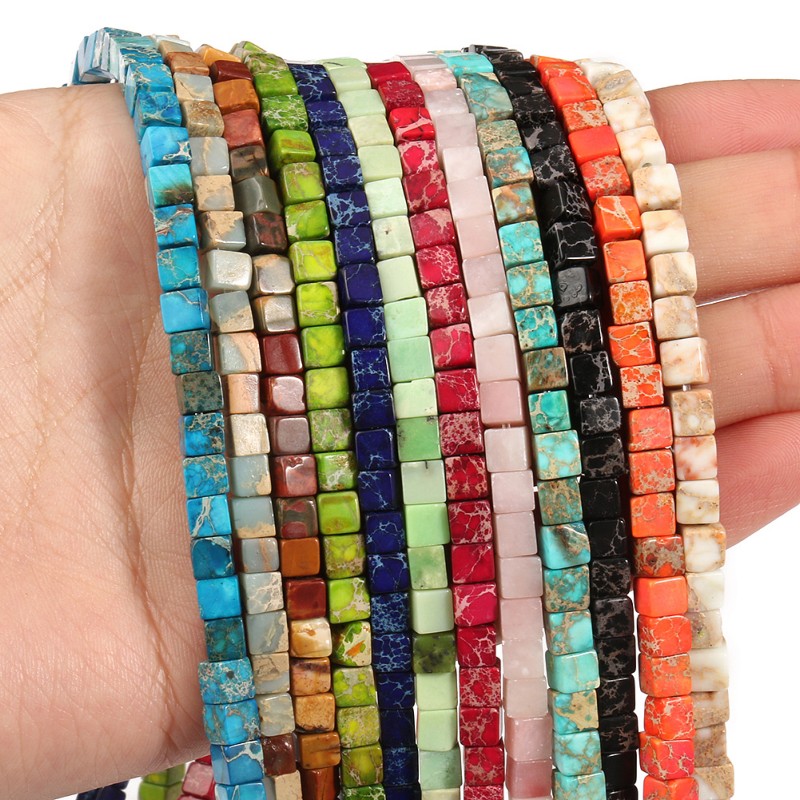 Naturstein, quadratisch, Meeressediment, kaiserliche Jaspis, Türkise, 4 x 4 mm, Würfel, verlieren Distanzperlen für Schmuckherstellung, DIY-Armbinde, 38,1 cm