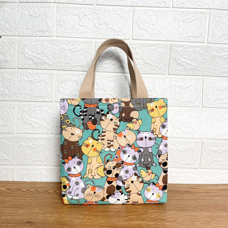 Sac à Lunch isotherme en toile pour femmes et enfants, motif fonctionnel, Portable, isolé, chat mignon, nourriture thermique, pique-nique: E