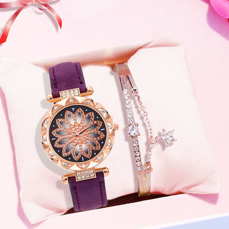 Luxury Women Watches Bracelet set Starry Sky Ladies Bracelet Watch Casual Leather Quartz Wristwatch Clock Relogio Feminino: Purple bracelet