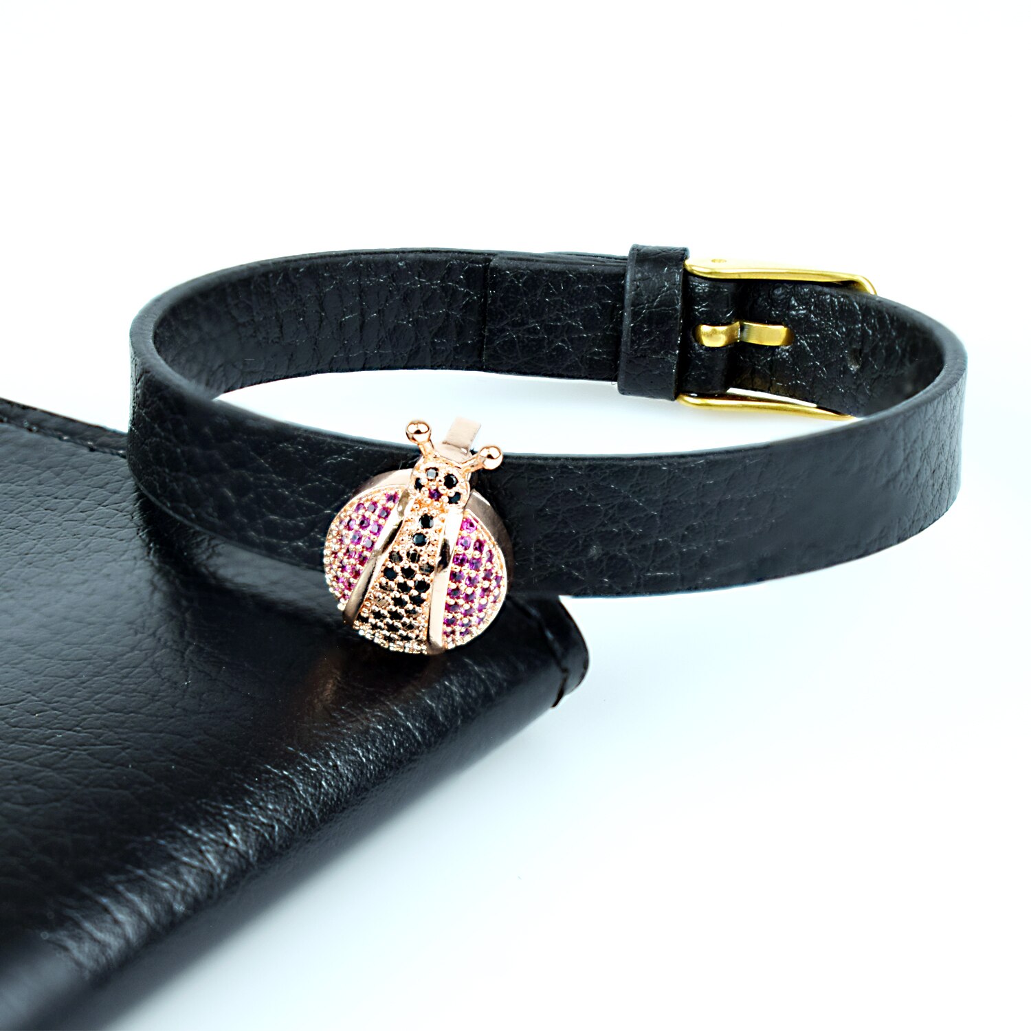 neue Marienkäfer Zirkon Charme Armbinde glänzend Sieben Sterne Marienkäfer mit Leder Armbinde für Männliche Frauen Schmuck: Rose Gold Farbe