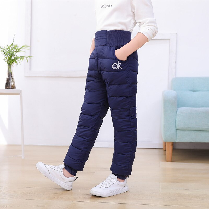 Girls Boys Winter Pants Cotton Thick Warm Trousers Children 3-14 Year Waterproof Ski Clothing Elastic High Waisted Pant: navy / 6