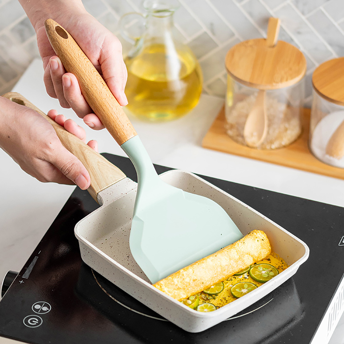 Espátula de silicona con mango de madera, espátula antiadherente de boca ancha para freír, termoestabilidad, herramienta de cocina, 1 ud.