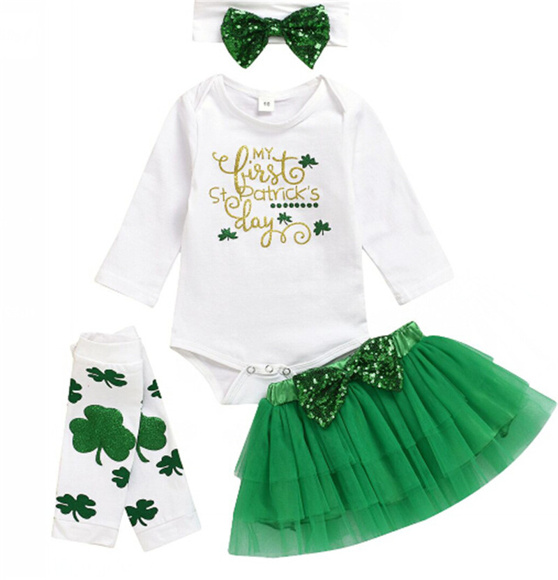 Ropa para niñas recién nacidas mi primer día de San Patricio, ropa para niñas, trébol, mameluco, niñas falda tutú, conjunto: B / 9 meses