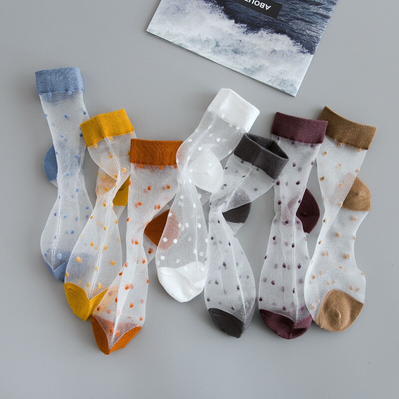 Calcetines transparentes de estilo japonés para mujer, medias cortas de seda de cristal de lunares Vintage, Harajuku coreano, ropa de calle de verano