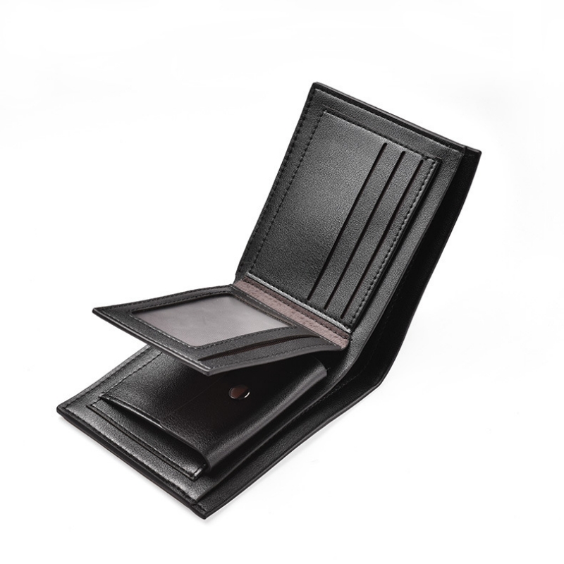 Men's Solid Color Horizontal Short Style Leather Wallet with Multiple Card Slots and A Clear ID Window for Students