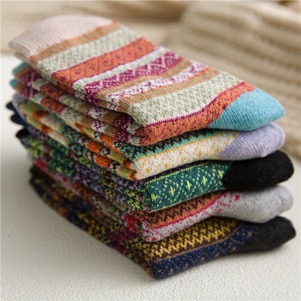 5 Paren/set Winter Dikker Wol Vrouwen Meisjes Sokken Etnische Multicolor Gestreepte Zachte Warme Casual Sport Sokken Kleding Leuke Sok