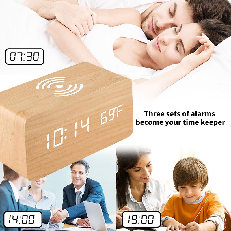 Modern Wooden Wood Digital LED Desk Alarm Clock Thermometer Wireless Charger With Wireless Charging Pad Alarm Clock LED