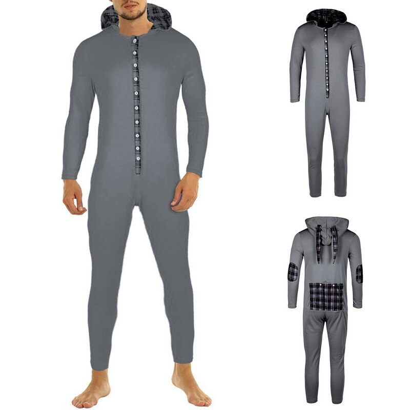 Sexy Mannen Bodycon Romper Jumpsuit Nachtkleding Homewear Lange Mouw Konijnenoren Hooded Button Kraag Lange Broek Open Hip pyjama