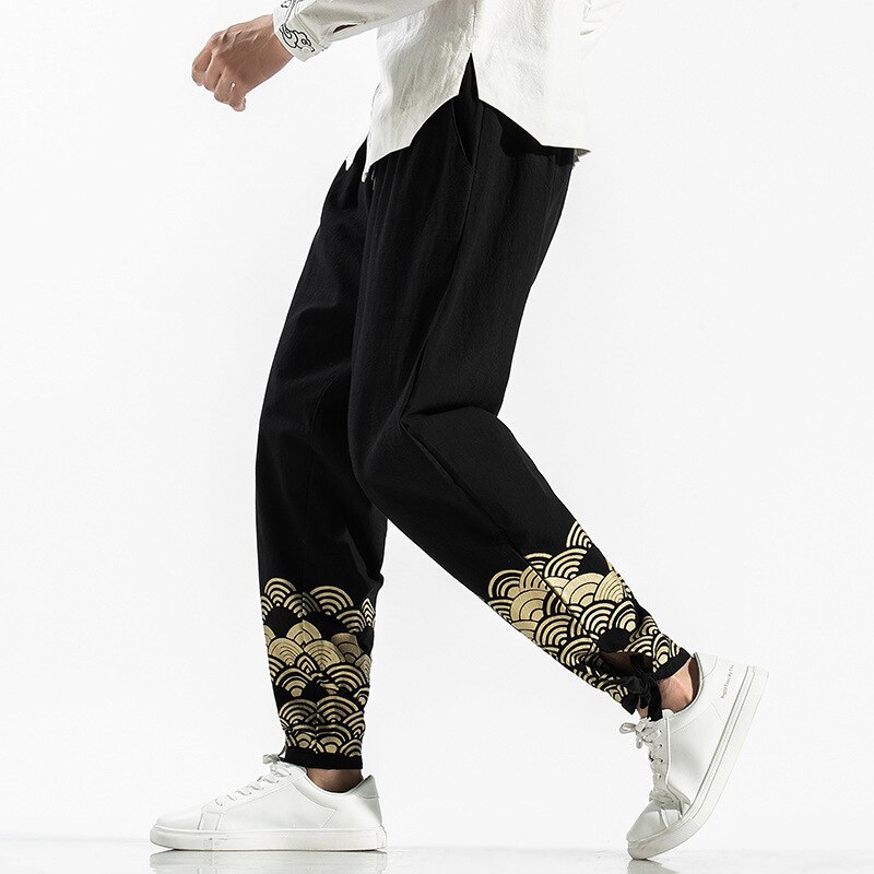 Pantalones bombachos estampados de estilo Retro chino para hombre, traje Tang, uniformes de Kung Fu, pantalones bombachos de lino sueltos informales, ropa de calle de japonesa