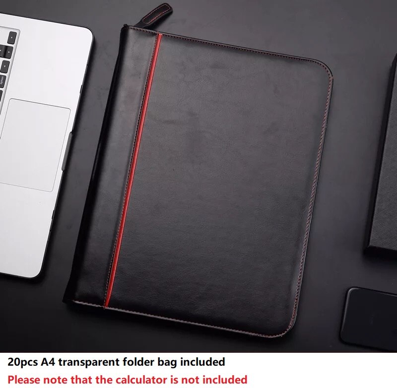 Multifunction Portfolio A4 File Folder Padfolio Writing Pad Business Presentation Folder PU with Zip/Card Holder/Document Folder: Black and Red