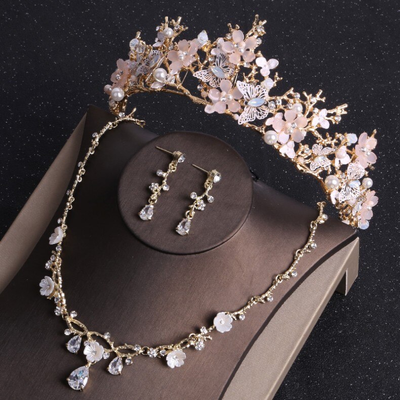 Barroco ouro borboleta cristal traje conjuntos de jóias strass tiara nupcial feminino conjunto de jóias de casamento gargantilha colar brincos: 3Pcs Jewelry Set