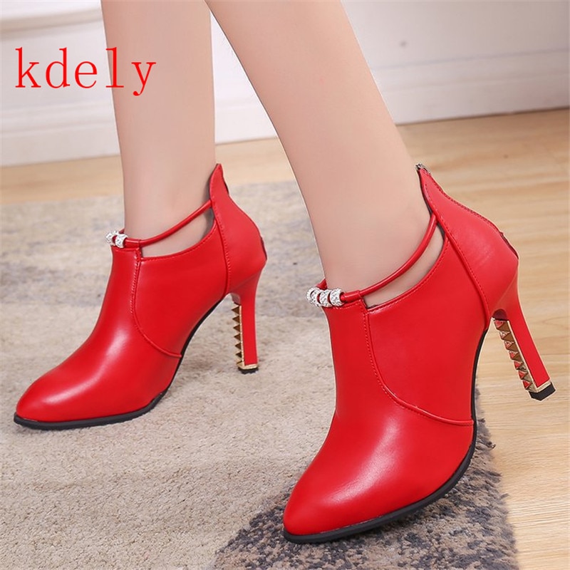 Frauen Stiefeletten Frühling Herbst High Heel 8,5 cm High Heels Schwarz rot spitz Schuhe größe 34-40