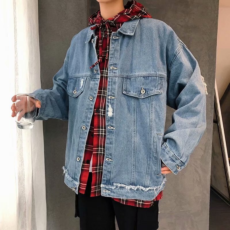 Miesten takit denim reikä revitty tyylikäs plus-size 3xl löysät vintage retro vapaa-ajan katuvaatteet teinit takit yksinkertaiset kaikki sopivat korealaiset: Sininen / Xxxl