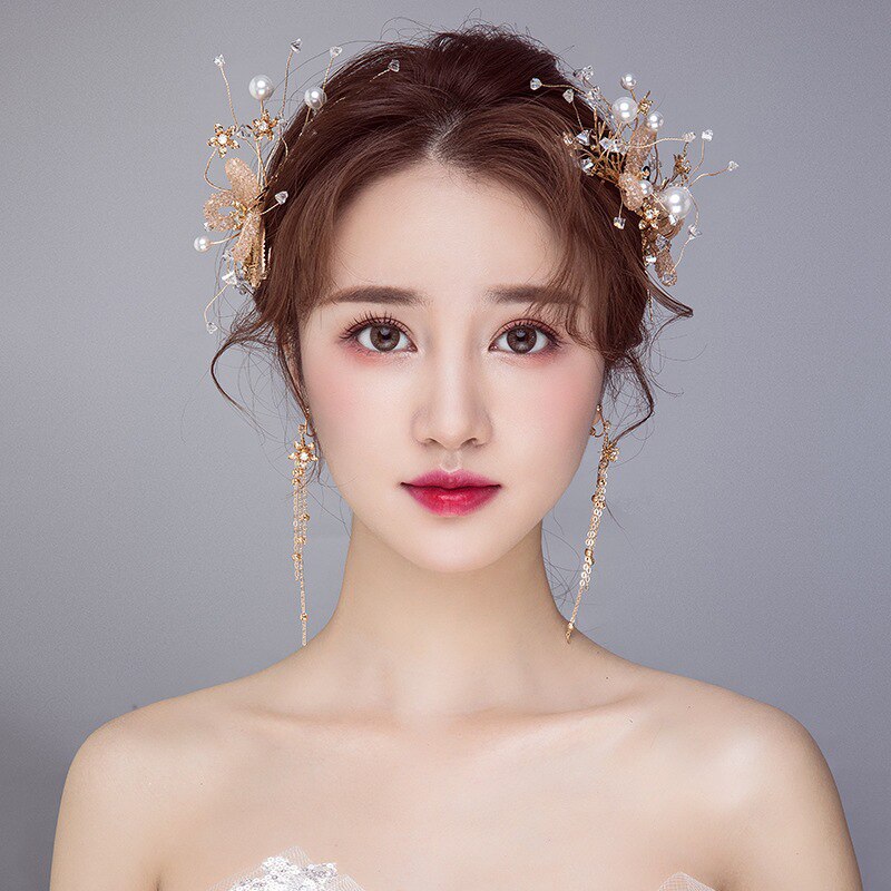 Bridal Hairpins Clips Earring Sets for Photo Shooting Gold Color Rhinestone Pearls Headpieces Headbands Bride Wedding Jewelry