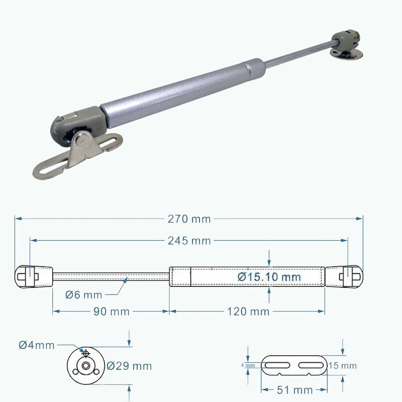 60N Gas Spring Closet Door Gas Strut , OD:15MM Piston stroke:90MM,Compression Top Automatic Door Gas Strut Spring