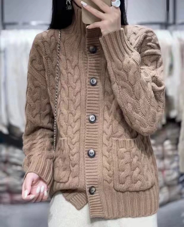 pure cashmere sweater women's turtleneck cardigan Autumn/Winter sweater coat twist knitwear trend: S / black