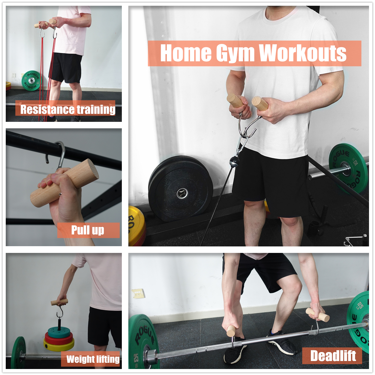 1 Pair Wooden Pull Up Bar Handles Fitness Heavy Duty Grips for Home Arm Strength Deadlift Lifting Training Workout Accessories