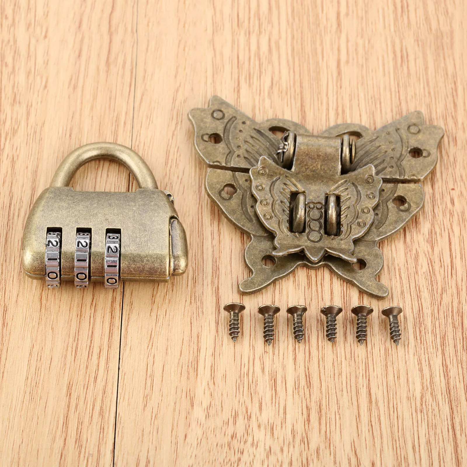 1kit Password Padlock+Butterfly Latch Clasp Wooden Box Lock Set with Screw Vintage Wood Jewelry Box Cabinet Drawer Retro Decor