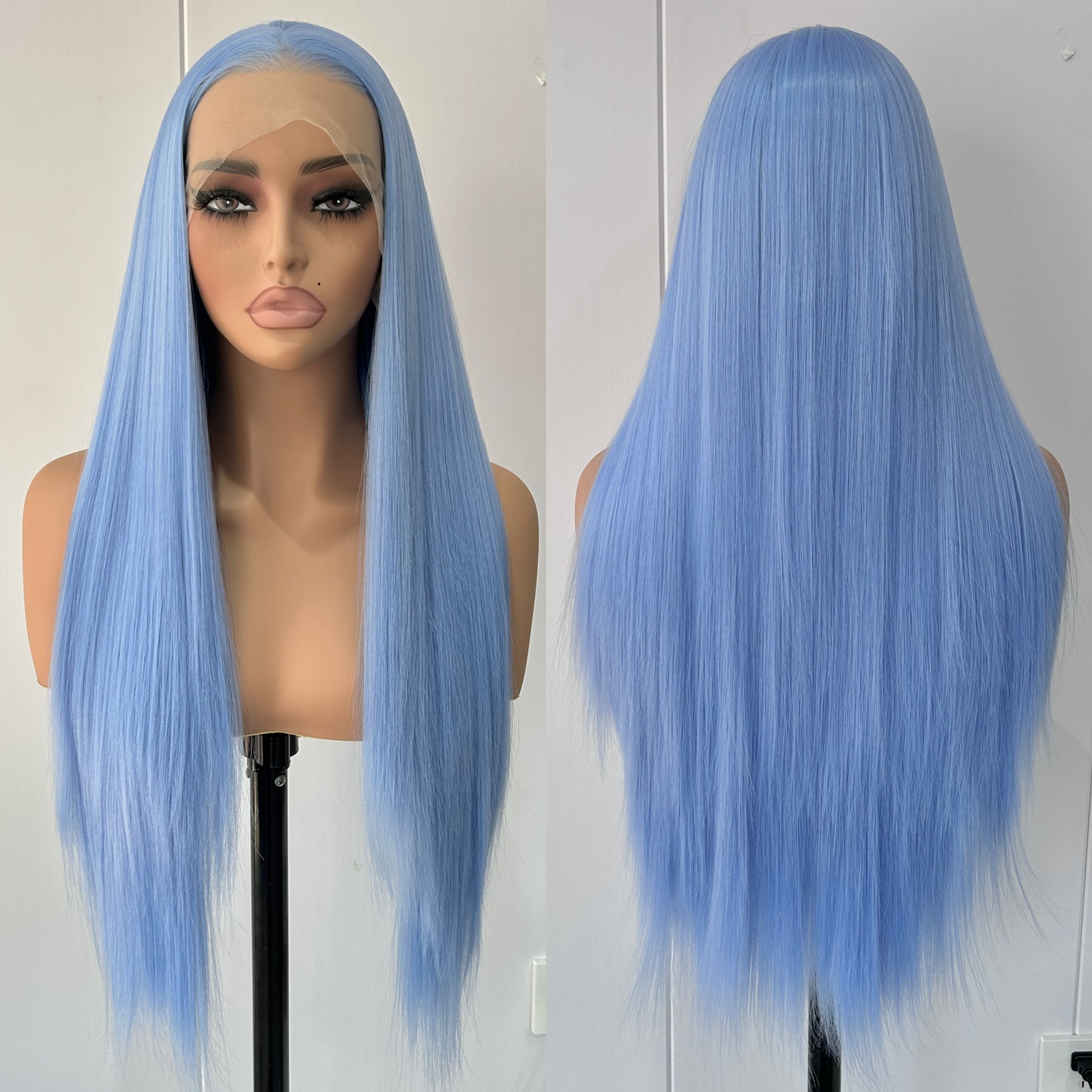 Pelucas de pelo sintético largo y sedoso para mujer, color azul claro, parte libre, color azul cielo, fibra resistente al calor, de Cosplay diaria
