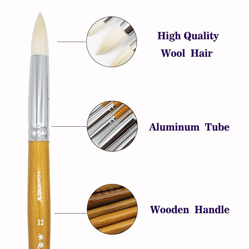 Juego de pinceles de punta redonda para dibujo, conjunto de pinceles de lana de pelo de cabra para artistas, para pinturas Gouache, acuarela, témpera, 6 unidades