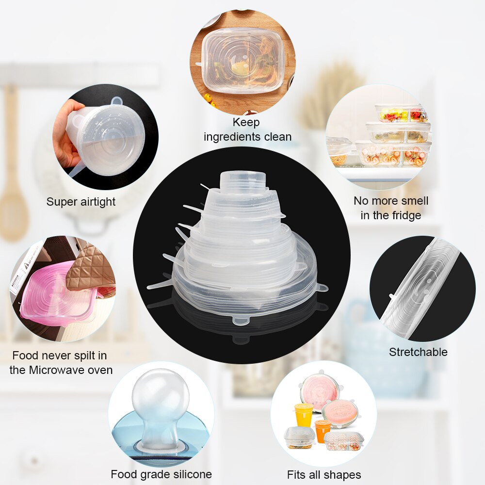 6 PCS Silicone Stretch Lid Adaptable Cover for Cookware Bowl Reusable Universal Dish Stretch Cap Seal Bowl Kitchen Accessories