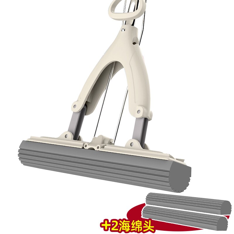 1Pcs Spons Mop Dubbele Vouw Knijpen Mop Spons Mop Water-Absorberende Huishouden Vloer Mop Gratis Handwas lijm Katoen Mop R-F: 1 mop khaki 3heads