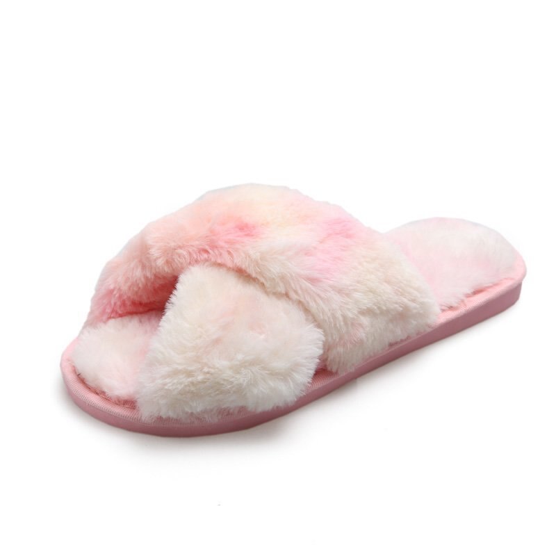 Multi-color Women Fluffy Slipper Shoes Winter Cross-tie Plush Slippers Flat Shoes Warm Faux Fur Slipper Home Ladies Shoes: color 4 / 40-41