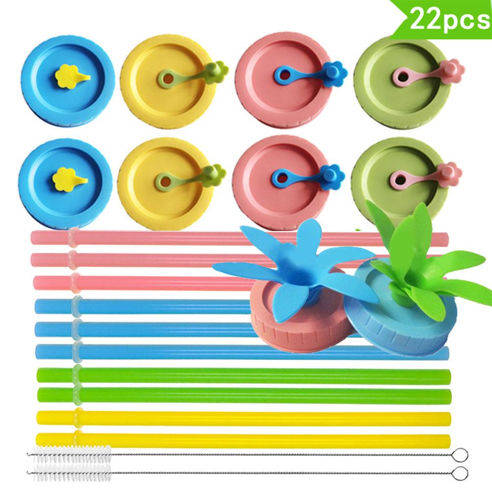 22pcs70mm Standard Mouth Mason Jar Ball Plastic Straw Lid Set Kitchen Beverage Sealing Lid Kitchen Accessories